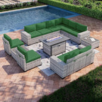 13-Piece Outdoor Patio Furniture Set with 55,000 BTU Fire Pit Table, PE Wicker Rattan Sectional Sofa Patio Conversation Set with Coffee Table, Green