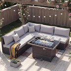 Nicesoul 6 Piece L Shaped Outdoor Patio Set with Firepit Table Natural Gas & Propane Convertible, 29.3'' High-Back Rattan Sectional Sofa, All Weather Deep Seats XL Large Conversation for Outside, Grey