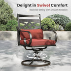 PHI VILLA 7 Pieces Outdoor Dining Set for 6, 54" Round Black Metal Table with Umbrella Hole & Wrought Iron Swivel Chairs, Large Outside Furniture with Red Cushions & Pillows for Patio, Deck, Porch
