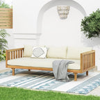Merax Outdoor Acacia Wood Conversation Set - Patio 3-Seat Loveseat Sofa w/Coushion and Round Coffee Table for Backyard, Lawn, Balcony, Teak+Beige