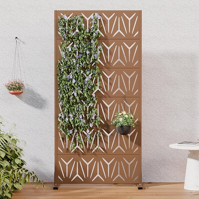 Casaphoria Metal Privacy Screen Outdoor, 72" H x 35" W Freestanding Decorative Privacy Screen for Patio Deck Balcony Garden with Stable Base, Brown-Star