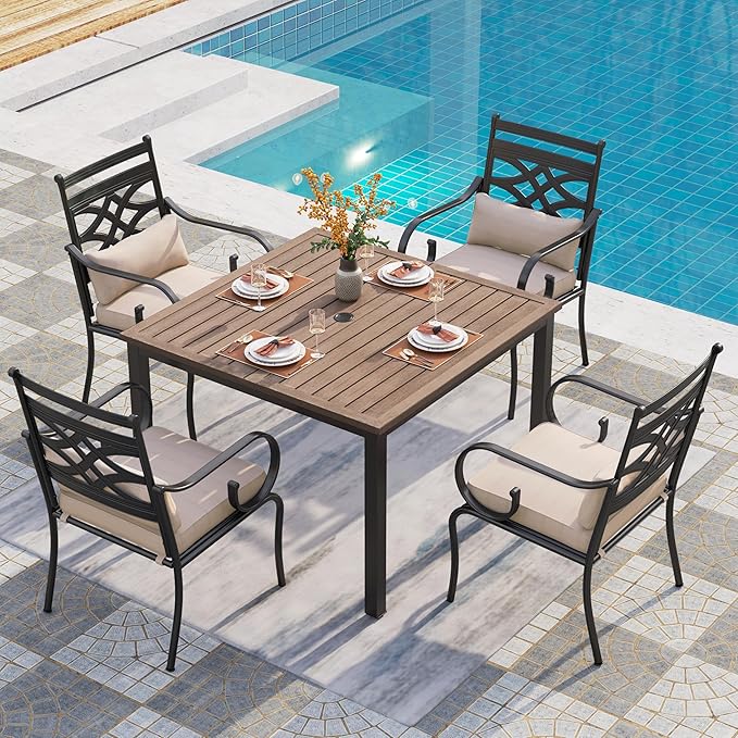 PHI VILLA 5 Pieces Outdoor Dining Set for 4, 42" Square Brown Metal Table with Umbrella Hole & Wrought Iron Chairs, All Weather Large Outside Furniture with Cushions & Pillows for Patio, Deck, Porch