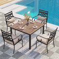 PHI VILLA 5 Pieces Outdoor Dining Set for 4, 42" Square Brown Metal Table with Umbrella Hole & Wrought Iron Chairs, All Weather Large Outside Furniture with Cushions & Pillows for Patio, Deck, Porch