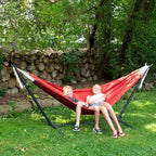 Vivere Double Sunbrella Hammock with Space-Saving Steel Stand, Heavy-Duty Portable Outdoor Hammock Set for Backyard, Patio, or Travel, Crimson