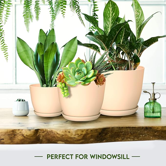 Utopia Home - Plant Pots with Drainage - 7/6.6/6/5.3/4.8 Inches Home Decor Flower Pots for Indoor Planter - Pack of 5 Plastic Planters, Cactus, Succulents Pot - Pink