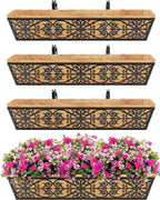 4 Pack 30 Inch Window Boxes Planters Railing Planter Box with Adjustable Brackets & Coco Liners Fabric Plant Grow Bags Deck Railing Planter Boxes Balcony Hanging Flower Box for Outdoor Plants