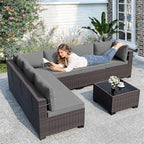 ALAULM Patio Furniture Set with Coffee Table, 7 Pieces Outdoor Sectional with Wide Seat and Thick Cushion, All Weather Wicker Rattan Conversation Set for Backyard, Garden, Deck, Grey