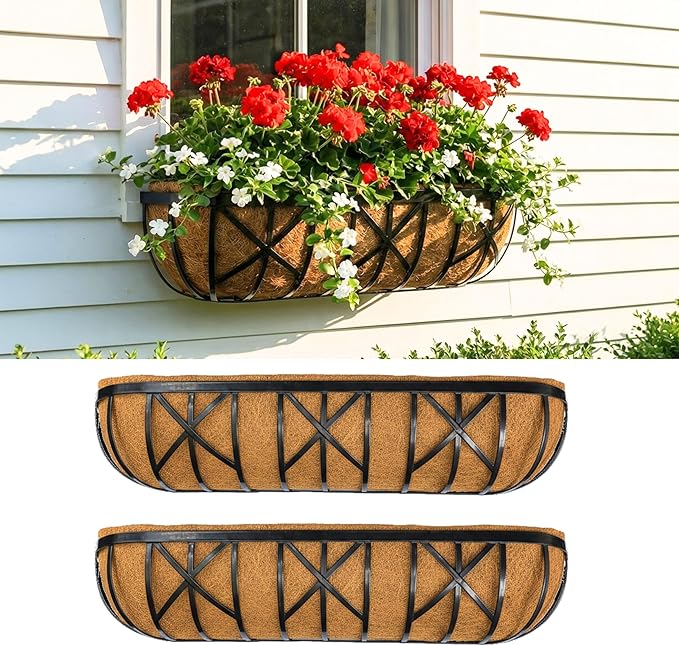LaLaGreen 36 Inch, 2 Pack Window Boxes Planters – Large Black Metal Window Boxes for Outdoor Plant, Wall Mount Flower Pot with Coco Liner, Attach to House Fence Balcony Herb for Patio Porch Garden