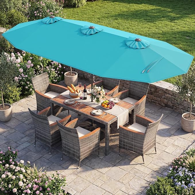 Tangkula 9 Piece Rattan Outdoor Dining Set with 13Ft Umbrella for 6, Outdoor Wicker Table Set with 6 Cushioned Armchairs, Acacia Wood Top, Outdoor Umbrella & with Base Included