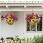 Senjie 2 Set Artificial Hanging Flowers with Basket for Outdoor Decor, UV Resistant 24 Bundles Faux Flowers Fake Hanging Planter for Porch Patio Balcony