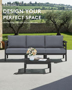 SERWALL HDPE Patio Furniture Set, 4 Pieces Outdoor Sectional Sofa Set, All-Weather Wood-Like Outdoor Sofa Couch with Coffee Table for Deck, Lawn, Black Frame with Grey Cushion