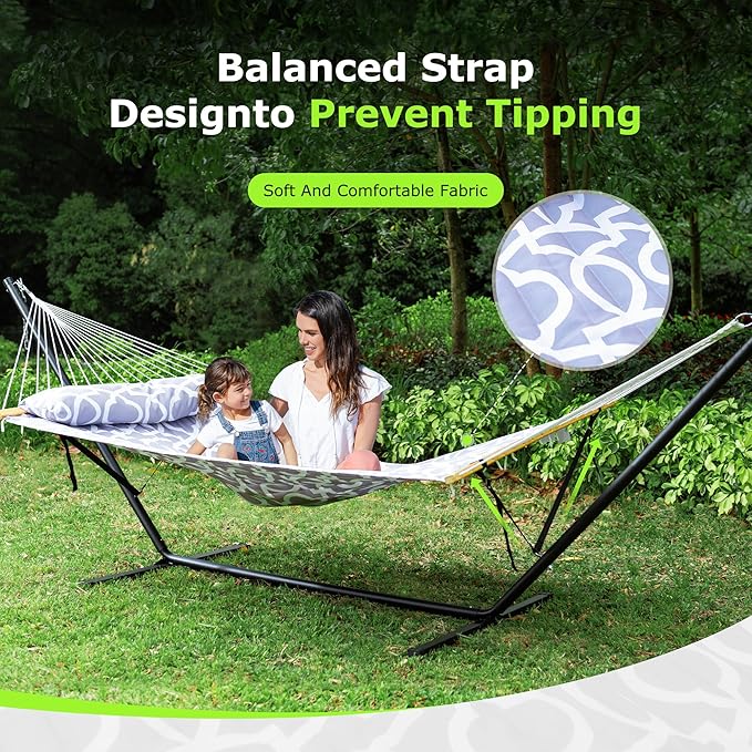 Double Hammock with Stand, Polyester, 500 lb Capacity, Round Gray