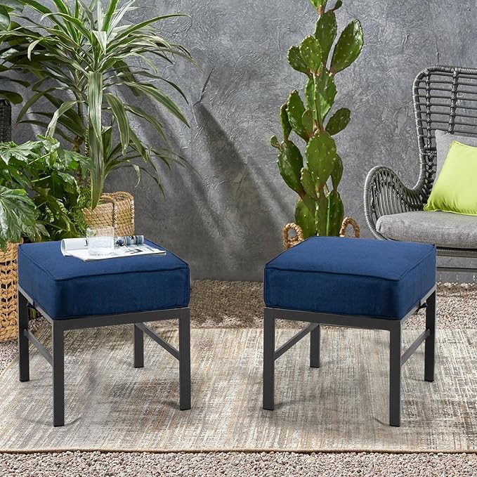 2 Pieces Outdoor Ottomans for Patio, Assembled Patio Ottomans with Bule Cushions, Metal Small Outdoor Footrest for Patio Porch Yard Garden Deck, Gray Frame