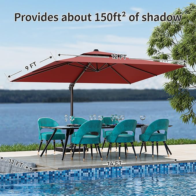 9x12FT Red Cantilever Outdoor Patio Umbrella with Base, Large Rectangular Offset Design, Double Top Heavy Duty Aluminum Frame & 360° Rotation for Pool Garden Deck Backyard
