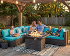 NICESOUL 7 Piece Large Modern Patio Furniture Set with Propane/Gas Firepit Table, 29.3'' High Back Comfy Wicker Sectional Sofa Couches with Fire Pit, Outdoor Deep Conversation, Fade-Proof, Turquoise