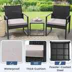 3 Piece Wicker Patio Bistro Set, Rattan Conversation Set with Coffee Table, for Balcony, Porch, Garden, Yard, Poolside, Black Frame with Grey Cushion