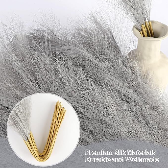 Artificial Plants Greenery: 30 Pcs Grey Faux Pampas Grass, 21.7 Inch Silk