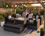NICESOUL Large Size 9 Piece Patio Conversation Set with Fire Pit Table Propane/Gas, 29.3'' High Back Outdoor Furniture Sectional Set, Heavyweight Rattan Contemporary Sofa, 2 Color Cushion Black &Gray