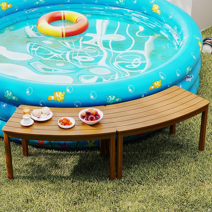Tangkula Acacia Wood Outdoor Curved Bench Set of 3, Patio Garden Backless Fire Pit Bench with 1200 lbs Weight Capacity, Outside Seating Furniture for Front Porch, Deck & Backyard
