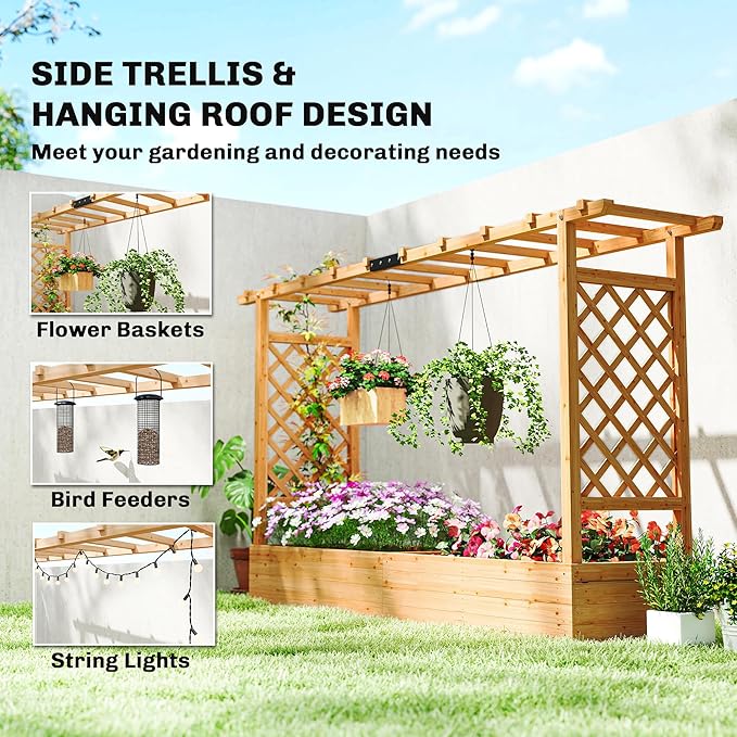 Outsunny Raised Garden Bed with Trellis, Wooden Planter Box with Hanging Roof and Drainage Holes, Outdoor Trellis Planter for Climbing Plants, Vegetables, Herbs and Flowers, 78.7" x 17.3" x 44.7"