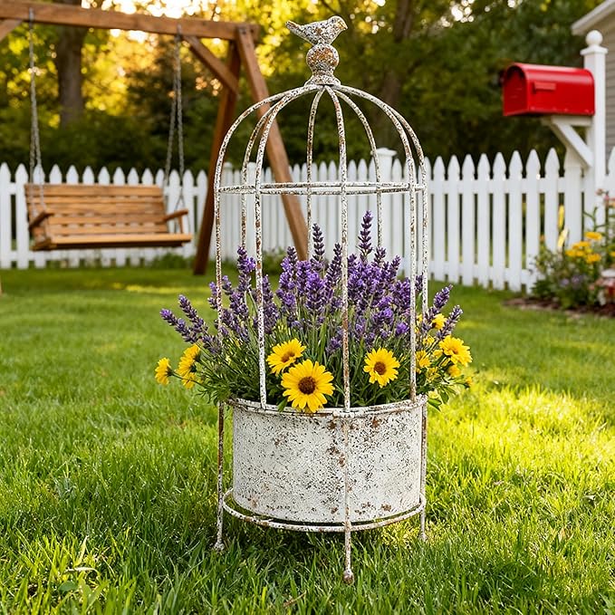 Planter: White Metal Birdcage Design, Rustic Style, 21.7 Inches Tall