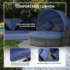 Outsunny 4-Piece Round Convertible Daybed with Cushions, Outdoor PE Rattan Patio Wicker Sofa Set, Sunbed with Adjustable Sun Canopy, Sectional Sofa, 2 Chairs, Table, 3 Pillows, Dark Blue