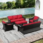 Joyside Wicker Patio Furniture Sets, 6 Pieces Upgraded Large Size Outdoor Furniture with Swivel Rocking Patio Chairs, Two 3-Seat Sofa, Outdoor Ottoman, Thick Cushions, Wide Armrest, Red