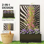Outsunny Metal Raised Garden Bed with Trellis for Climbing Plants, Freestanding or Wall Mounted Flower Bed with Privacy Panel, Large Leaf Cut-Out Outdoor Planter Box for Garden, Patio, Balcony