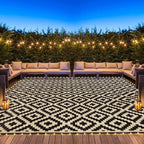 SAND MINE Reversible Mats with Led Strip Lights, Plastic Straw Rug, Modern Area Rug, Large Floor Mat for Outdoors, Patio, Backyard, Deck, Picnic, Camping, Black & Beige, 8' x 10'