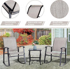 Vongrasig 3 Piece Outdoor Rocking Bistro Set, Textilene Fabric Small Patio Furniture Set, Front Porch Rocker Chairs Conversation Set with Glass Table for Lawn, Garden, Balcony, Poolside (Taupe)