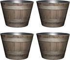 Classic Home and Garden Whiskey Plastic Resin Flower Pot Barrel Planter, Oak Brown, 20.5" (4 Pack)