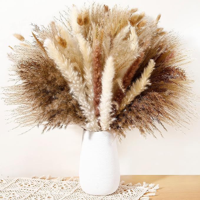 Dried Pampas Grass Bundle, 135 Pieces, Neutral Tones for Home Decor