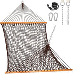 Lazy Daze Hammocks Double Rope Hammock, 2 Person Traditional Outdoor Hand Woven Cotton Rope Hammock with Spreader Bar, Carabiners, Tree Straps, Chains for Patio Yard - Max 450 Lbs, Dark Brown