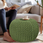 COTTON CRAFT Round Dori Pouf - Cotton Braid Cord Cable Knitted Ottoman - Foot Stool - Footrest - Floor Pouf - Accent Furniture - Woven Ottoman - Bean Bag - Living Room Dorm - 20 Dia x 14 High - Sage