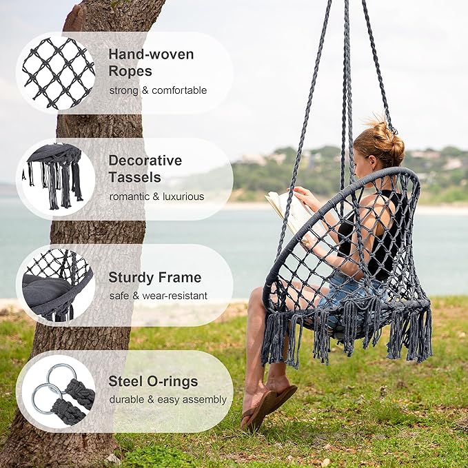 Hammock Chair, Gray Macrame Hanging Swing, Pack of 2