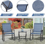Vongrasig 3 Piece Outdoor Rocking Bistro Set, Textilene Fabric Small Patio Furniture Set, Front Porch Rocker Chairs Conversation Set with Glass Table for Lawn, Garden, Balcony, Poolside (Denim Blue)