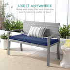 Best Choice Products Outdoor Bench 2-Person Wicker Garden Patio Benches Seating Furniture for Backyard, Porch w/Seat Cushion, 700lb Capacity - Gray/Navy