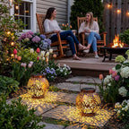 JOIEDOMI 2 Pack Outdoor Solar Hanging Lantern Lights, Waterproof Tabletop with Handle, LED Moroccan Lanterns, Metal Decorative Garden Solar Lights Spring for Patio, Lawn, Porch, Backyard