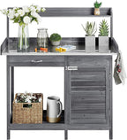 Yaheetech Outdoor Potting Bench Table, Garden Workstation w/Metal Tabletop/Cabinet Drawer/Open Top/Lower Shelf/Handy Hooks for Horticulture,Gray