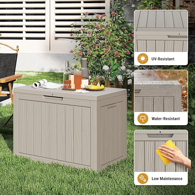 Deck Box 45 Gallon Greige Resin Storage with Lockable Lid