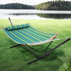 SUPERJARE Curved-Bar Hammock with Stand, 2 Person Heavy Duty Hammock Frame, Detachable Pillow & Portable Carrying Bag, Perfect for Outdoor & Indoor, Thin Blue and Green Stripes