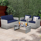 4-Piece Patio Furniture Set, Wicker Outdoor Rattan Sectional Sofa with Cushions and Glass Table, All-Weather Outdoor Conversation Set, Ideal for Garden, Porch, Backyard, Navy