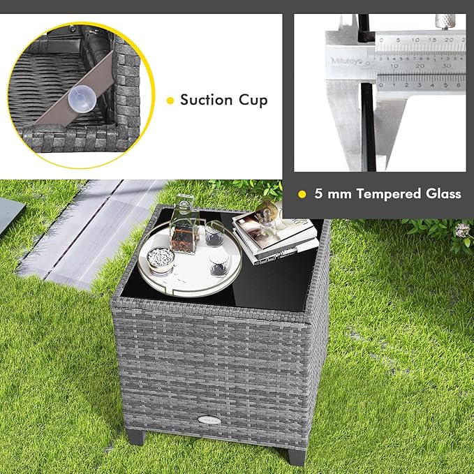 Tangkula 3 Pieces Patio Furniture Set, Outdoor PE Rattan Conversation Chair Set with Tempered Glass Side Table and Removable Cushions, PE Wicker Chairs and Table Set for Porch, Balcony and Garden