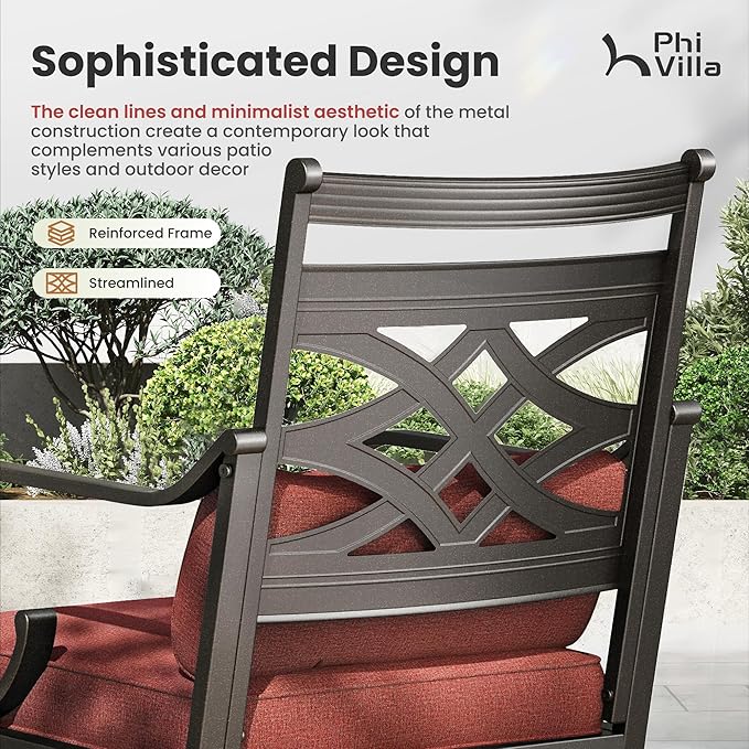 PHI VILLA 7 Pieces Outdoor Dining Set for 6, 54" Round Black Metal Table with Umbrella Hole & Wrought Iron Swivel Chairs, Large Outside Furniture with Red Cushions & Pillows for Patio, Deck, Porch