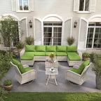11-Piece Outdoor Patio Furniture Set with Rocking Swivel Chair Wicker Sectional Sofa Set, Patio Conversation Set with Ottomans & Coffee Table for Garden, Backyard, Avocado Green