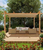 GarveeLife 10 x 13 ft Wood-Grain Outdoor Pergola with Retractable Canopy Sun Shade Shelter for Garden Patio Backyard Deck - Khaki