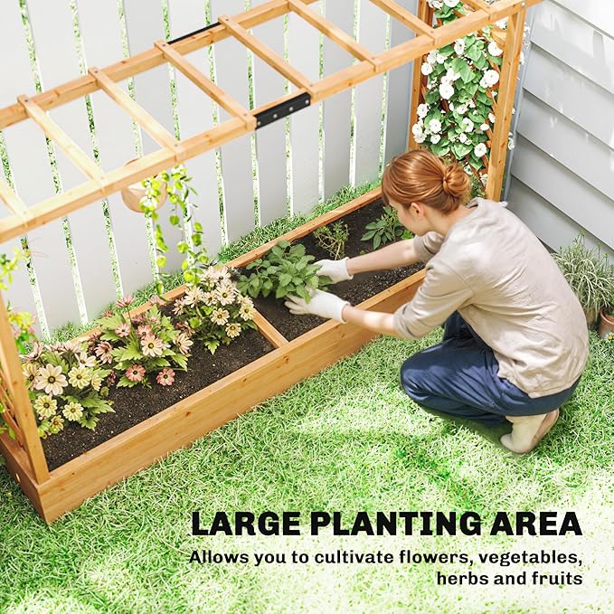 Outsunny Raised Garden Bed with Trellis, Wooden Planter Box with Hanging Roof and Drainage Holes, Outdoor Trellis Planter for Climbing Plants, Vegetables, Herbs and Flowers, 78.7" x 17.3" x 44.7"