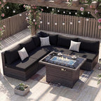 NICESOUL 6 Piece Modern L-Shaped Outdoor Sectional with Firepit Natural Gas/Propane, 29.3'' High Back Wicker Patio Furniture Set, Oversized Conversation for Exterior, 2 Color Cushion Black & Gray