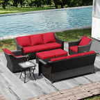 Joyside Wicker Patio Furniture Sets, 7 Pieces Upgraded Large Size Outdoor Furniture with Swivel Rocking Patio Chairs, Two 3-Seat Sofa, Outdoor Ottoman, Thick Cushions, Wide Armrest, Red