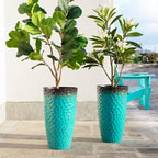 Glitzhome 23.75" H Large Planters for Outdoor Plants,Set of 2 Plastic Tall Outdoor Planters with Drainage Holes,Honeycomb Textured Gradient Turquoise Finish, Large Flower Pots for Front Porch Indoor